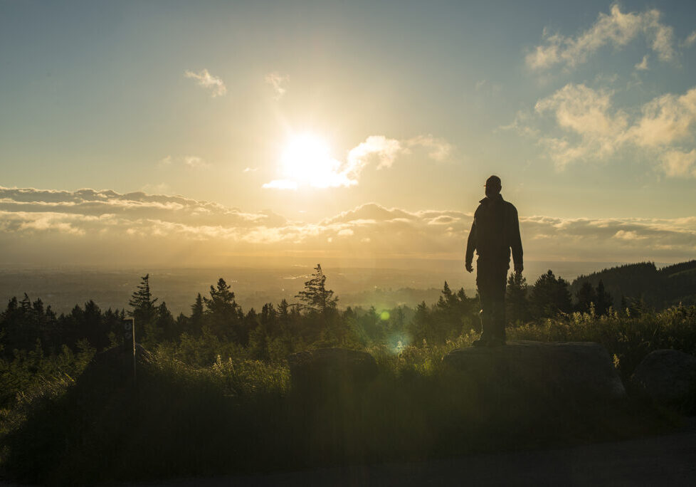 Single middle aged man admiring the view, Ticknock, Dublin mountains, Dublin, Ireland.